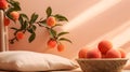 Peach fuzz interior background with still life with peaches. Cozy home scene with fruit-laden branches indoors, bathed in golden Royalty Free Stock Photo