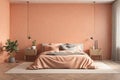 Peach Fuzz Orange wall color bedroom interior 2024 - 3D rendering Royalty Free Stock Photo