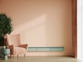 Peach fuzz interior is a trend color year 2024 in the luxury living room. Painted mockup wall for art