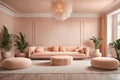 Peach fuzz trend color year 2024 in the premium livingroom lobby. Modern room design interior lounge.. 3d render Royalty Free Stock Photo