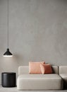 Peach fuzz trend color year 2024 in the premium livingroom. Painted mockup wall for art - microcement Royalty Free Stock Photo