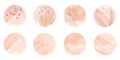 Peach highlight cover icons set. Abstract round pastel pink watercolor background. Story highlight icons with floral elements for