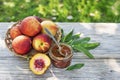 Peach jam with freshly peaches from home garden Royalty Free Stock Photo