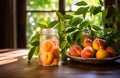 a peach jar with pieces and leaves on wooden table, glassy translucence, youthful energy