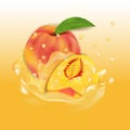 Peach juice splash. Fresh fruit 3d realistic vector illustration. Package design or poster