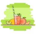 Peach lemonade with fruit slices, ice and meant in glass with straw, cut lemon and peach on green background.