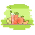 Peach lemonade with fruit slices, ice and meant in glass with straw, cut lemon and peach on green background.