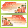 Peach lemonade with fruit slices, ice and meant in glass with straw, cut lemon and peach. Set of horizontal banners.