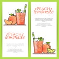 Peach lemonade with fruit slices, ice and meant in glass with straw, cut lemon and peach. Set of vertical banners.