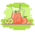 Peach lemonade with fruit slices, ice and meant in jug and glass with straw, cut lemon and peach. Isolated on green background.