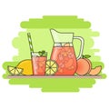 Peach lemonade with fruit slices, ice and meant in jug and glass with straw, cut lemon and peach. Isolated on green background. Mo