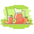 Peach lemonade with fruit slices, ice and meant in jug and glass with straw, cut lemon and peach. Isolated on green background. Mo