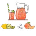 Peach lemonade with fruit slices, ice and meant in jug and glass with straw, cut lemon and peach.