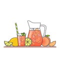 Peach lemonade with fruit slices, ice and meant in jug and glass with straw, cut lemon and peach.