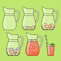 Peach lemonade with fruit slices, ice and meant in jug and glass with straw. Step-by-step instruction. Isolated on color backgroun