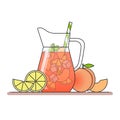 Peach lemonade with fruit slices, ice and meant in jug with straw, cut lemon and peach. Isolated on white background.