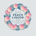 Peach Liquor Label with Fruit Wreath. Peach and Leaves in a Circle. Style Packaging Design.