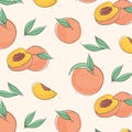 Peach macro fruit with leaves. Tropical nectarine wallpaper, juicy organic food pattern. Vitamin textile cover. Surface