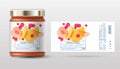 Peach, mango and cranberry confiture. Sweet jam. Transparent slices, halves and cut fruits. Label and packaging simple design.