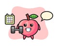 Peach mascot cartoon doing fitness with dumbbell