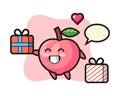 Peach mascot cartoon giving the gift