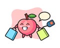 Peach mascot cartoon holding a shopping bag