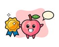 Peach mascot illustration holding a golden badge