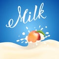 Peach falling and splashing in the milk product Royalty Free Stock Photo