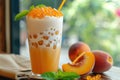 Peach milkshake with sweet tapioca balls, Asian bubble tea drink