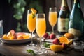 Peach mimosas Bellini glass flutes. Generate ai Royalty Free Stock Photo