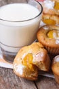 Peach muffins with milk close-up on the table. vertical