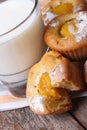 Peach muffins and milk in glass closeup