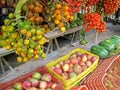 Peach palm fruits, Bactris Gasipaes, displayed with other fruits at market in Costa Rica, Central America