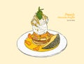 Peach pancake with vanilla ice-cream, hand draw vector.