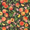 Peach pattern with tropic fruits, leaves, flowers background. seamless texture illustration in watercolor style