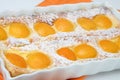 Peach pie dessert with powdered sugar