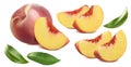 Peach, pieces and leaves set isolated on white background