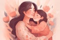 peach pink mother's day card. A young mother hugs her daughter