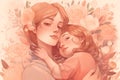 peach pink mother's day card. A young mother hugs her daughter