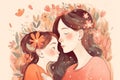 peach pink mother's day card. A young mother hugs her daughter