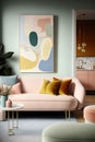 Peach retro sofa with cushions and pastel coloured painting, created using generative ai technology