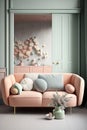 Peach retro sofa with cushions and pastel green walls, created using generative ai technology