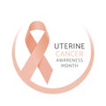 Peach ribbon. Vector Uterine Cancer Awareness Month sign isolated on white background. Realistic ribbon background