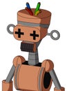 Peach Robot With Vase Head And Dark Tooth Mouth And Plus Sign Eyes And Wire Hair