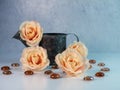 4 peach rose flower blooms with a rustic metal watering can and orange brown glass marbles against a plaster background with a