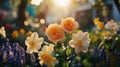 Peach roses and daffodils bloom in the sunset light Royalty Free Stock Photo