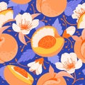 Peach seamless vector pattern with flower, whole and half fruit. Summer juicy fruit blue background. Peach repeat print wallpaper Royalty Free Stock Photo