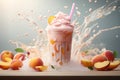 Peach smoothie frappe effect swirling wave Peach milk splash around glass. Generative AI Royalty Free Stock Photo