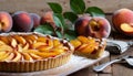 A peach tart with a slice missing Royalty Free Stock Photo