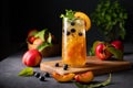 Peach tea with ice, mint and blueberry on tall glass. Vegan homemade cold healthy drink on a wooden board on a dark background